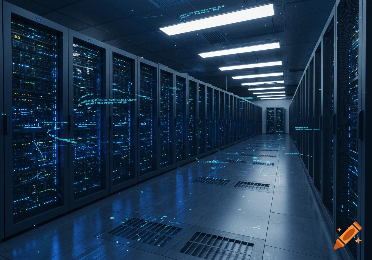 A long, dark aisle in a data center with rows of server racks glowing with blue lights and digital overlays.
