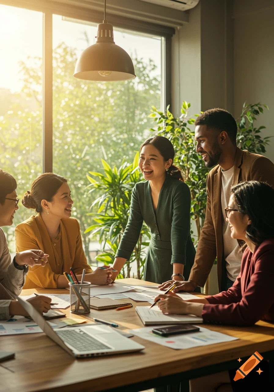Diverse professionals collaborating and smiling around a table in a bright, modern office with plants.