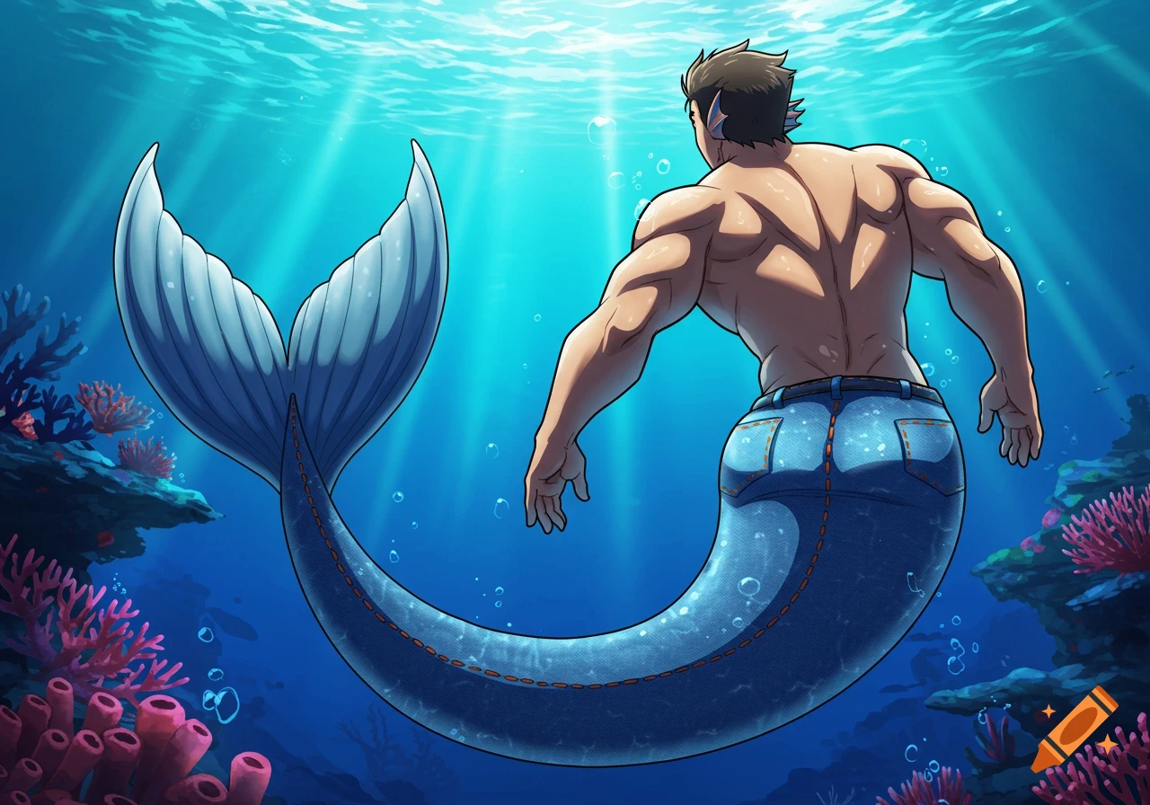 Muscular anime merman with a denim tail, viewed from the back, swimming underwater with coral.