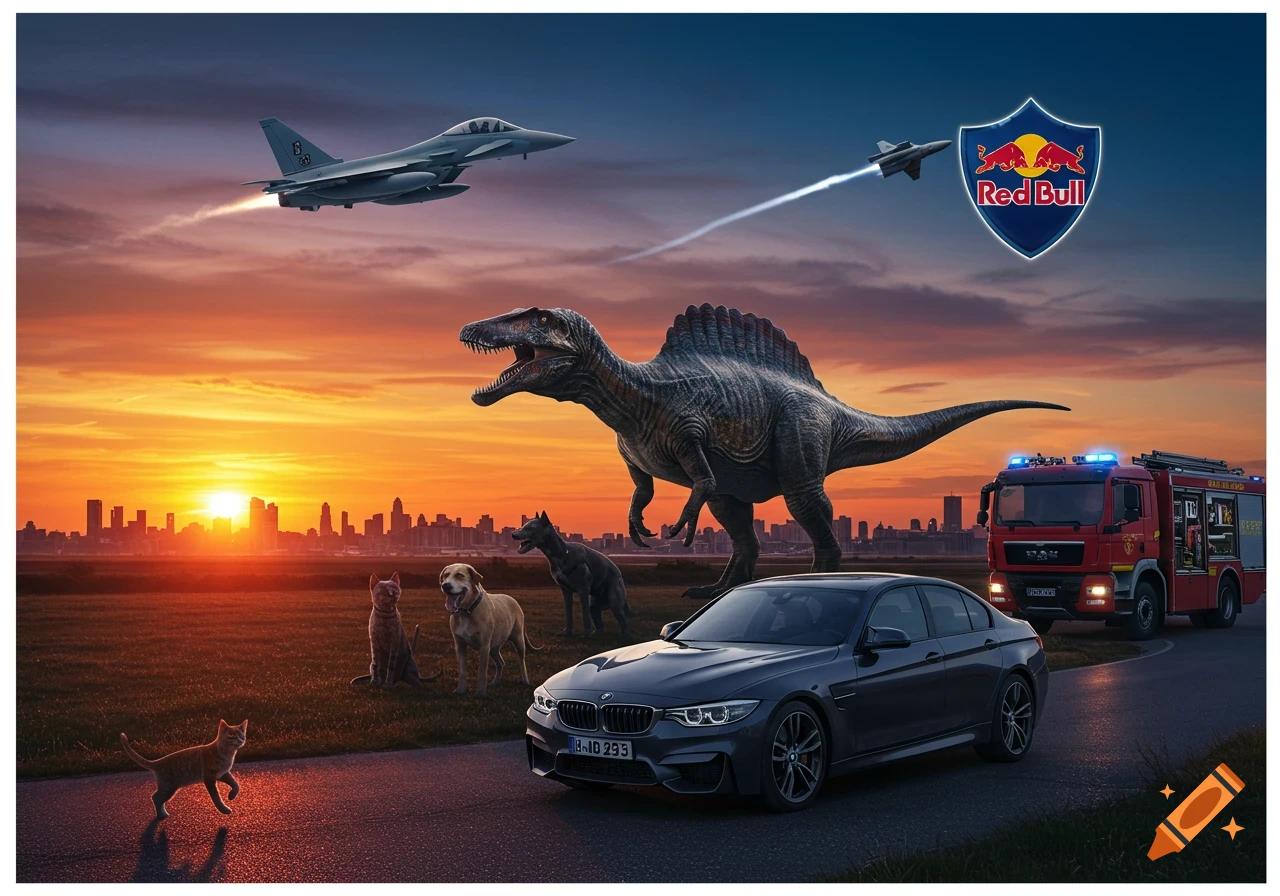 Photorealistic scene with a Spinosaurus, BMW, fire truck, two jets, cats, dogs, and a Red Bull logo at sunset over a cityscape.