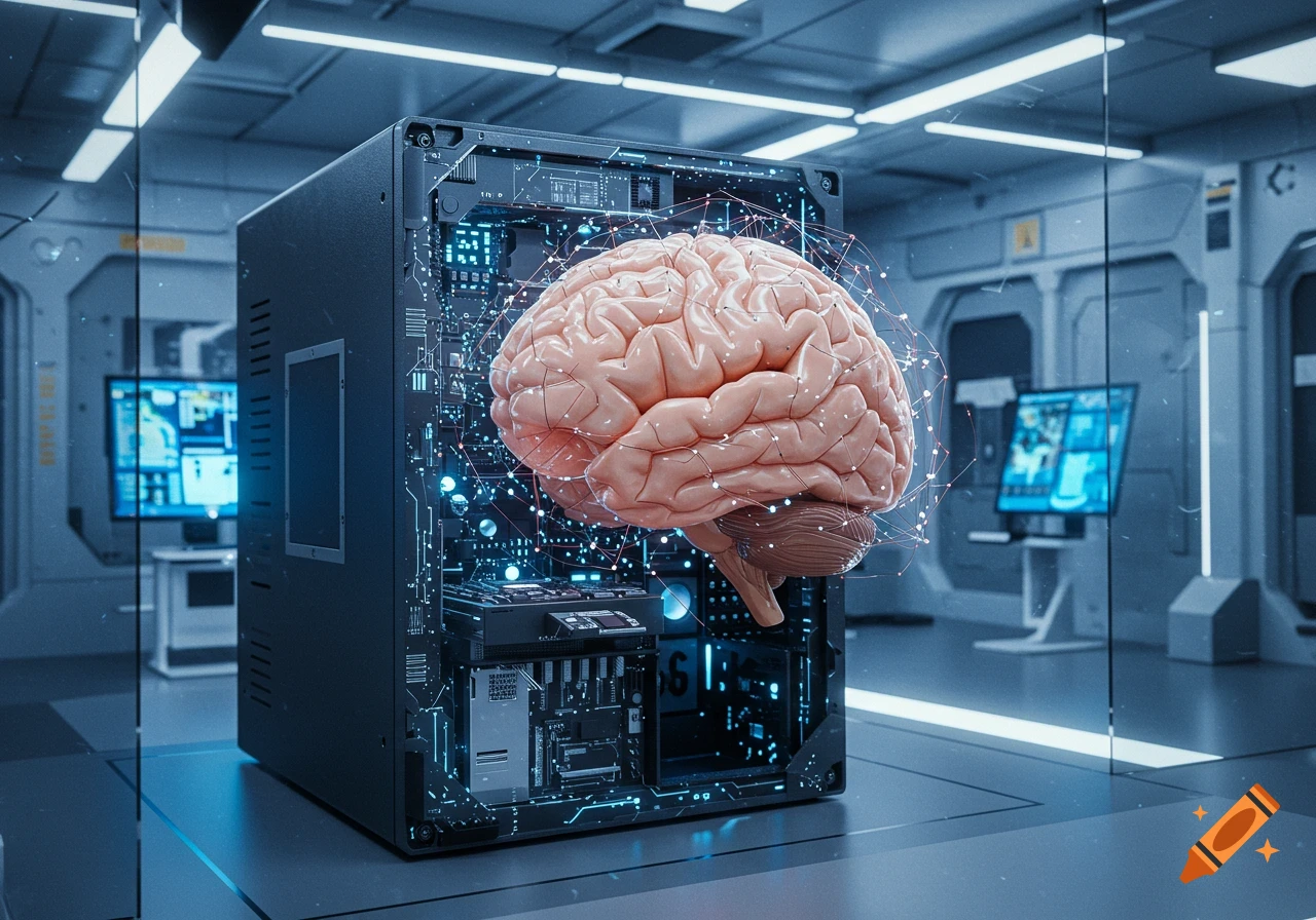 A human brain floats within a transparent supercomputer case, surrounded by glowing circuitry in a sleek, futuristic lab.