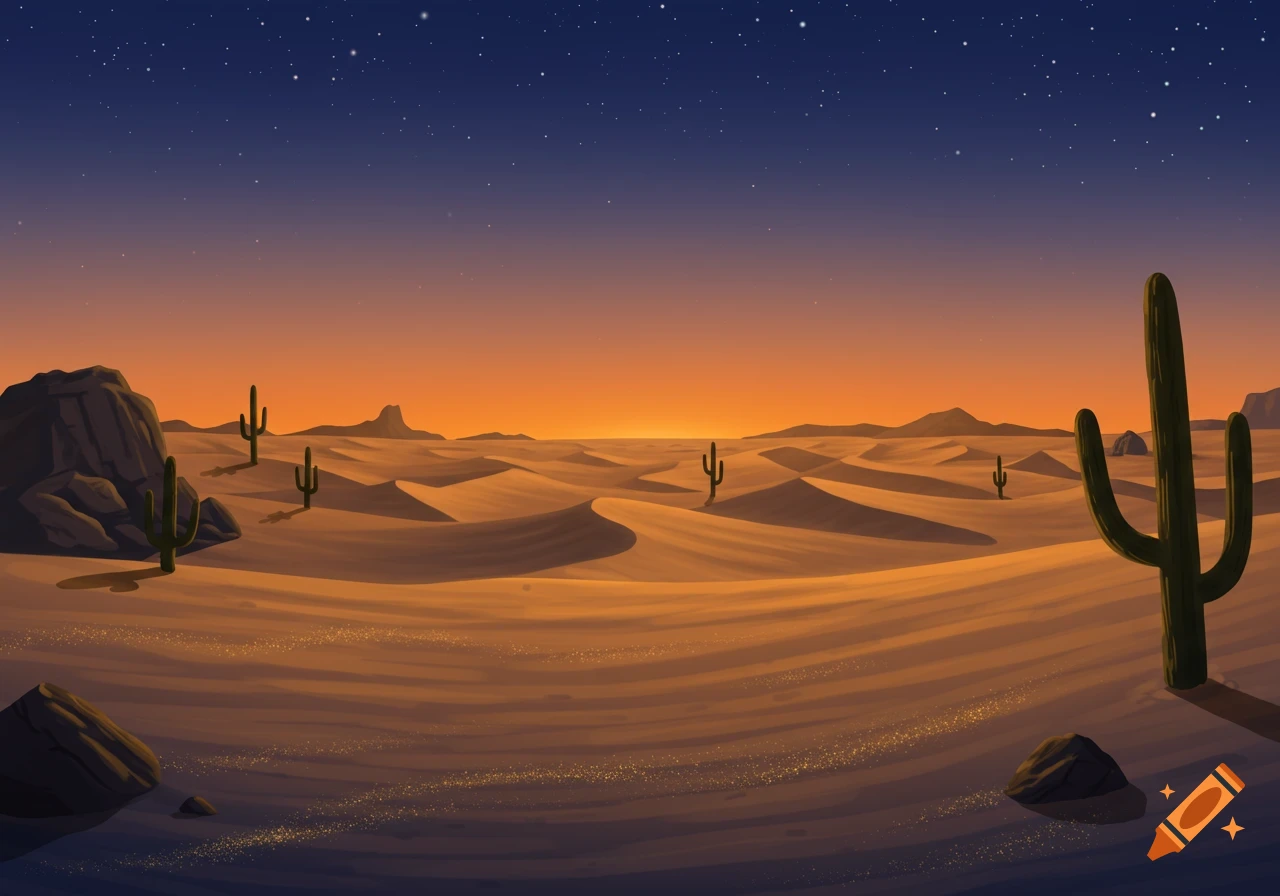 Stylized illustration of a desert landscape at sunset with sand dunes, cactuses, and a starry sky.