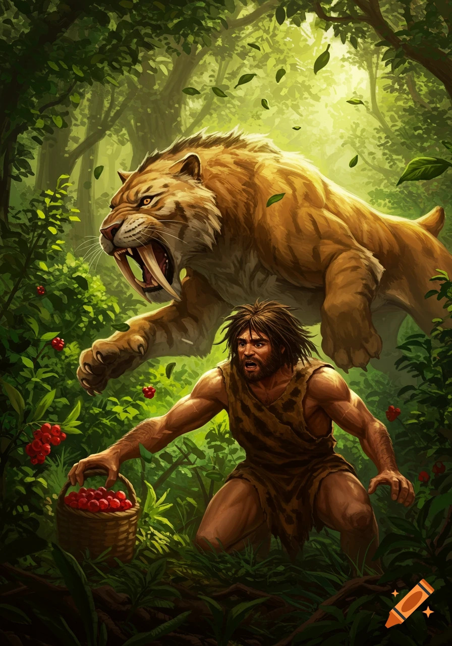 A startled caveman drops a basket of berries as a roaring sabertooth tiger leaps towards him in a lush jungle, illustration style.