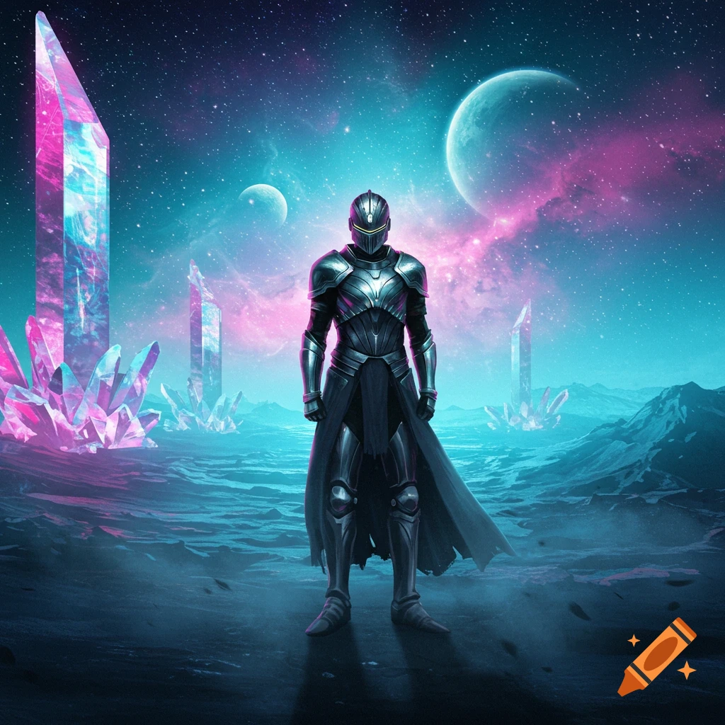 A futuristic knight in dark armor stands on an alien planet with large, glowing crystals and planets in a vibrant cosmic sky.