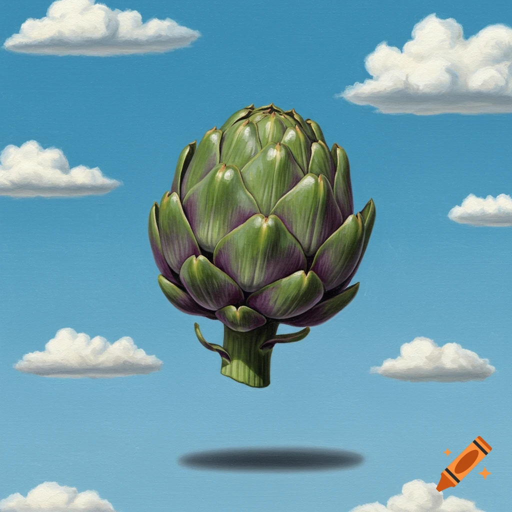 A surrealistic painting of a large artichoke floating in a bright blue sky with fluffy white clouds, casting a shadow below it.