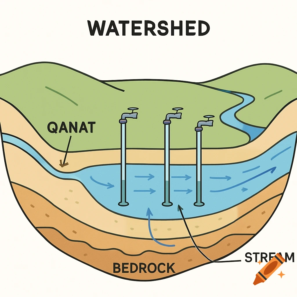 Cross-sectional diagram of a watershed with qanat, wells, stream, bedrock, and water flow paths.