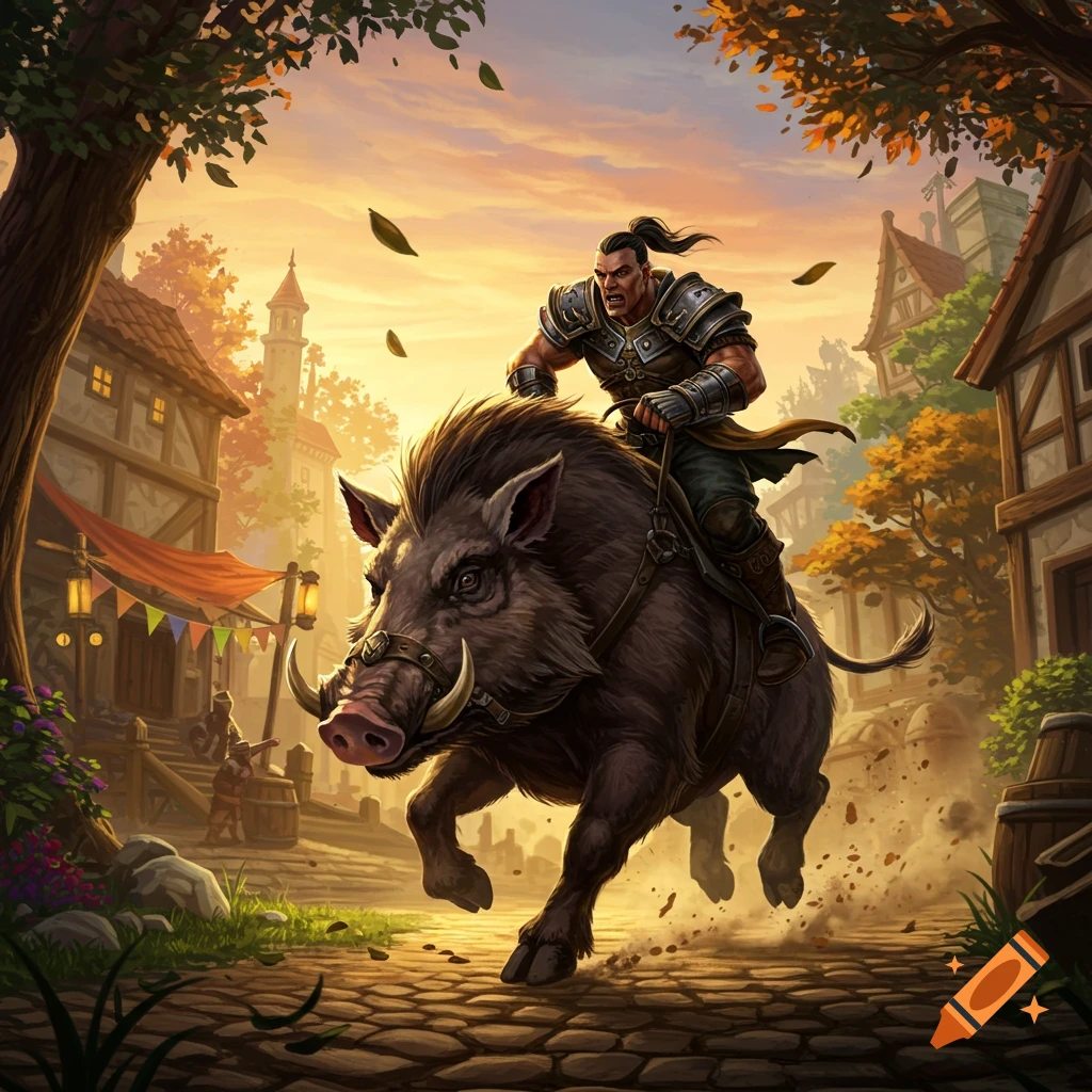 A muscular fantasy warrior in armor aggressively rides a large wild boar through a cobblestone village at sunset.