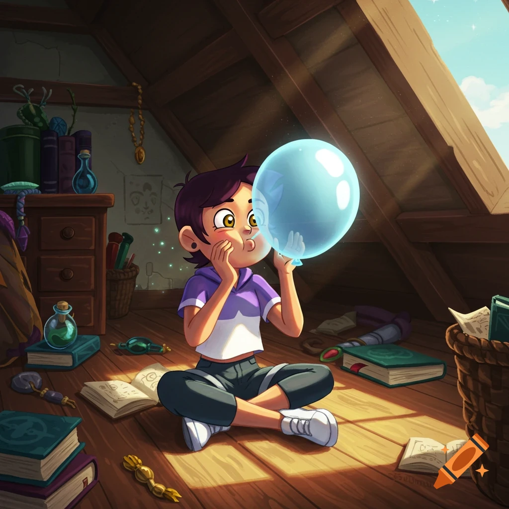 Luz Noceda sits cross-legged on an attic floor, blowing a glowing blue balloon in a cartoon style.