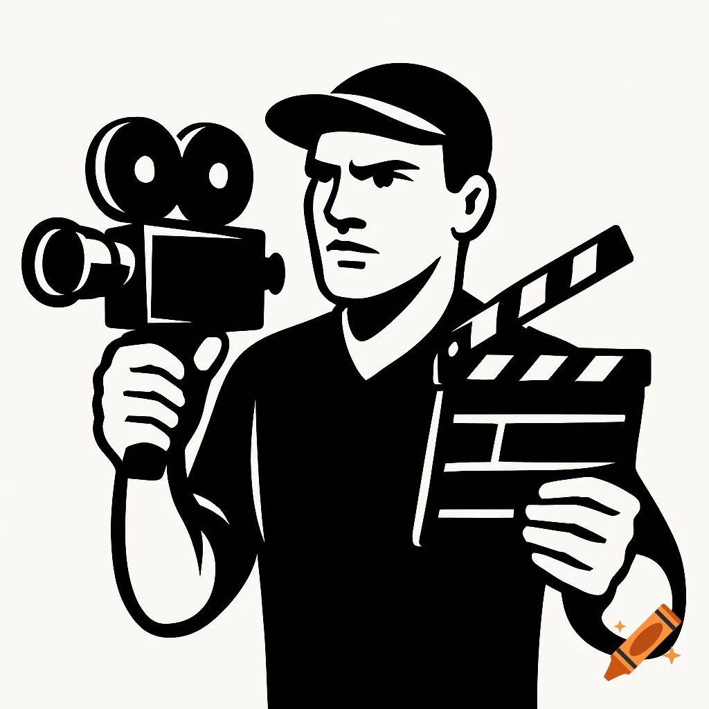 Black and white vector illustration of a film director holding a camera and a clapperboard.