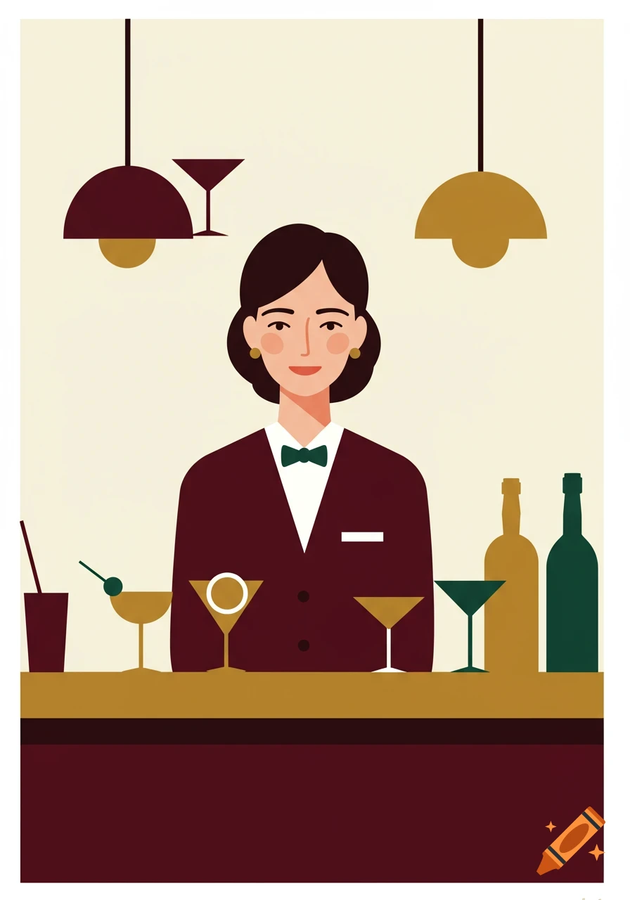 A stylized illustration of a smiling female bartender behind a bar with glasses and bottles.