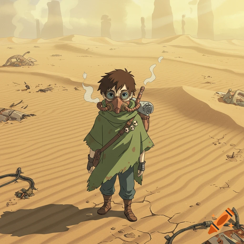 Anime illustration of a young mage in a gas mask and green poncho standing in a vast, polluted desert with dunes and debris.