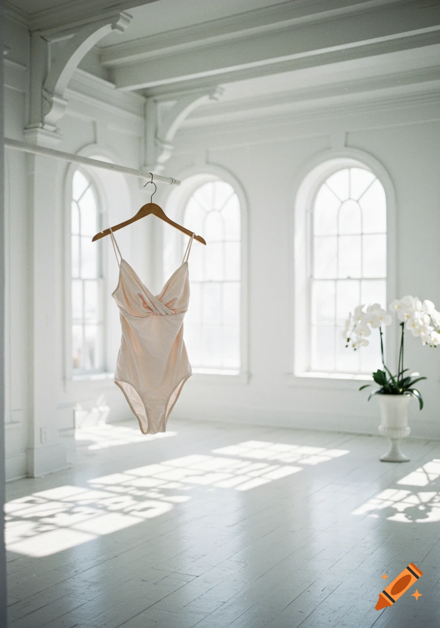 Light pink one-piece swimsuit hangs on a wooden hanger in a bright white photo studio with arched windows and an orchid plant.