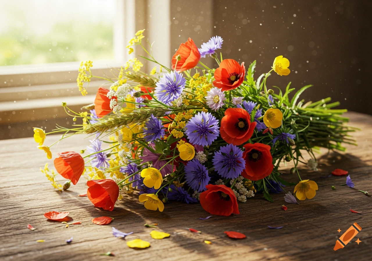A vibrant bouquet of red poppies, blue cornflowers, and yellow wildflowers lies on a rustic wooden table by a sunny window. Photorealistic style.
