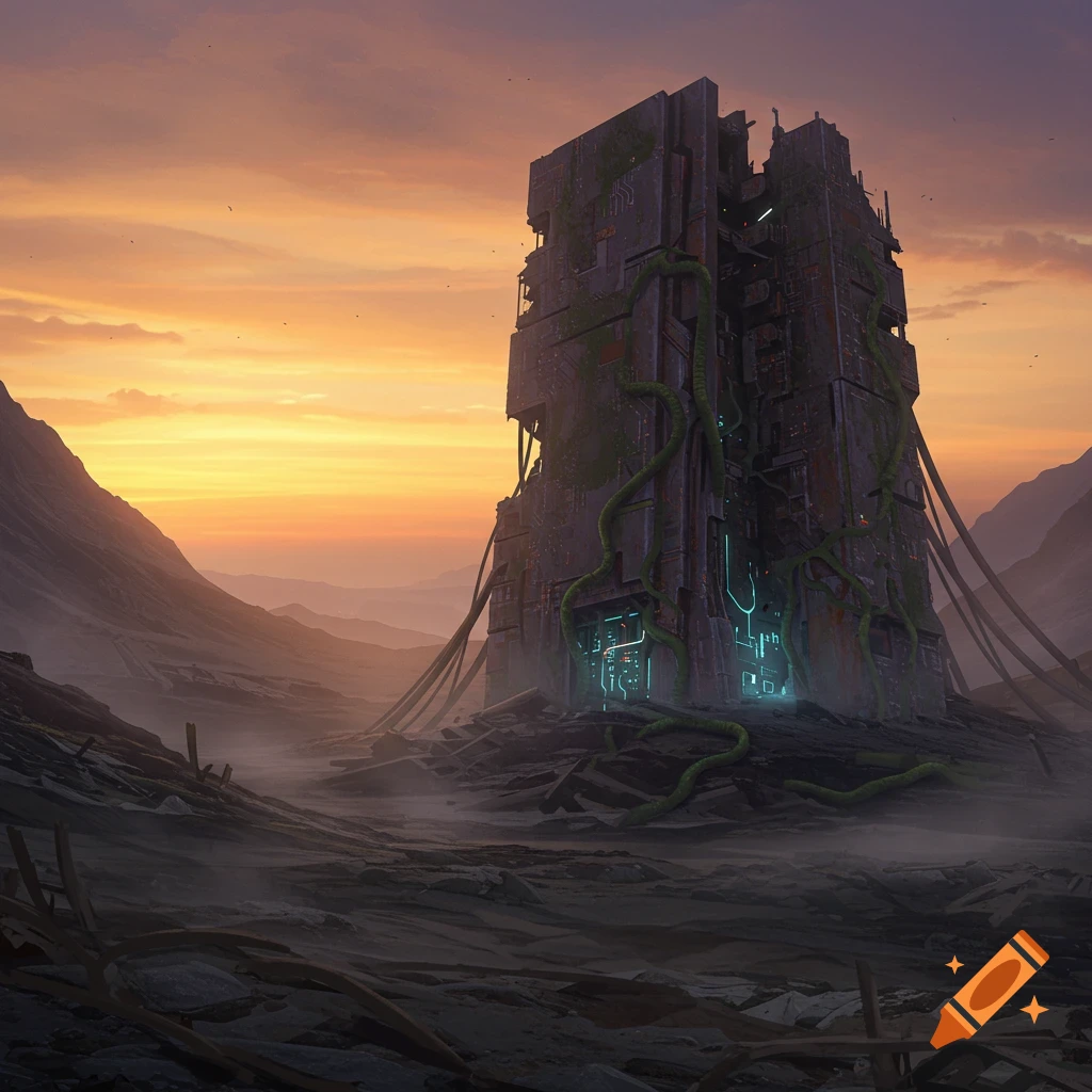 A desolate landscape at sunset featuring a towering, dilapidated futuristic structure overgrown with vines and glowing blue circuits.