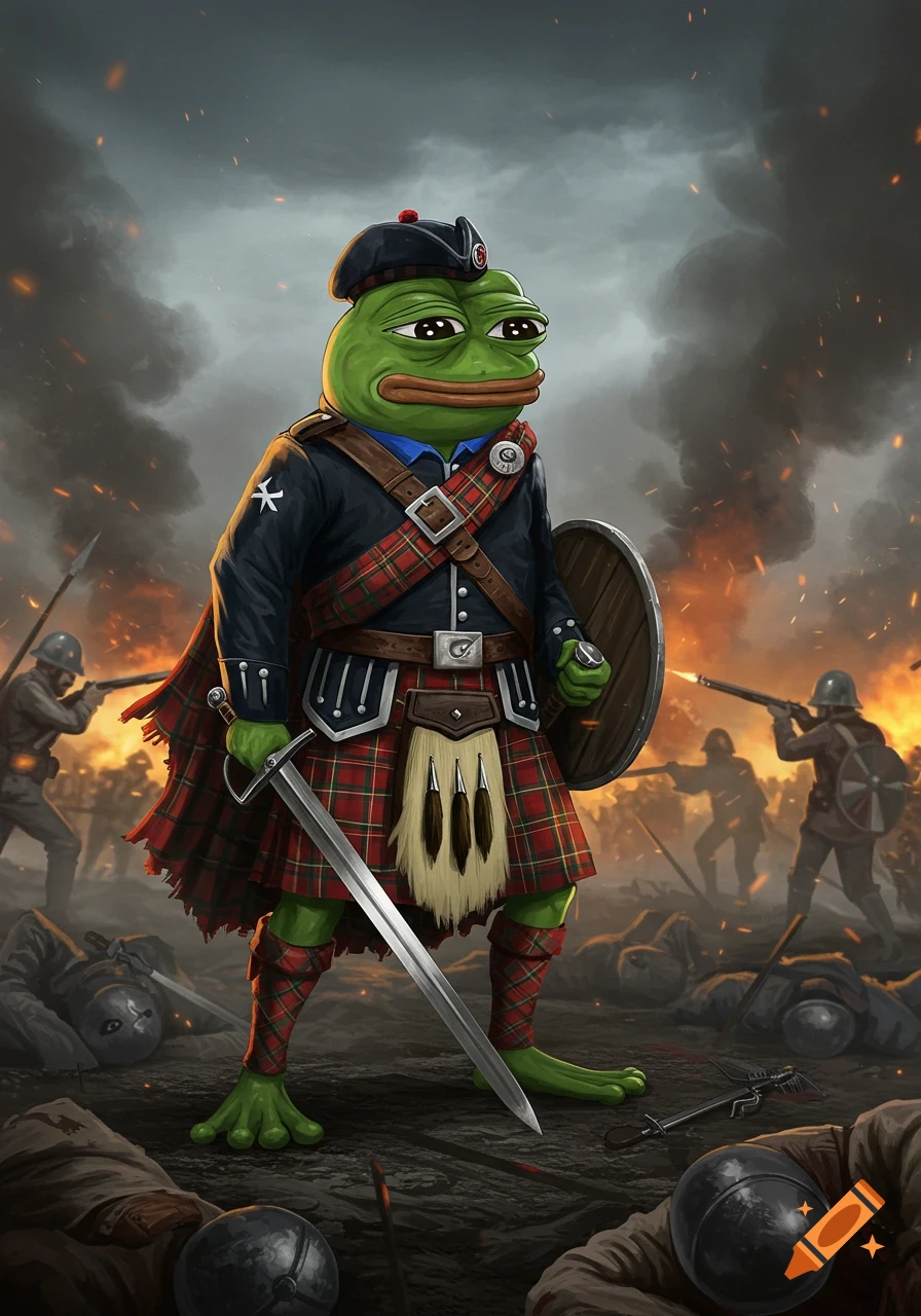 Pepe the frog in a Scottish kilt with a sword and shield on a fiery battlefield with fallen soldiers, digital art.
