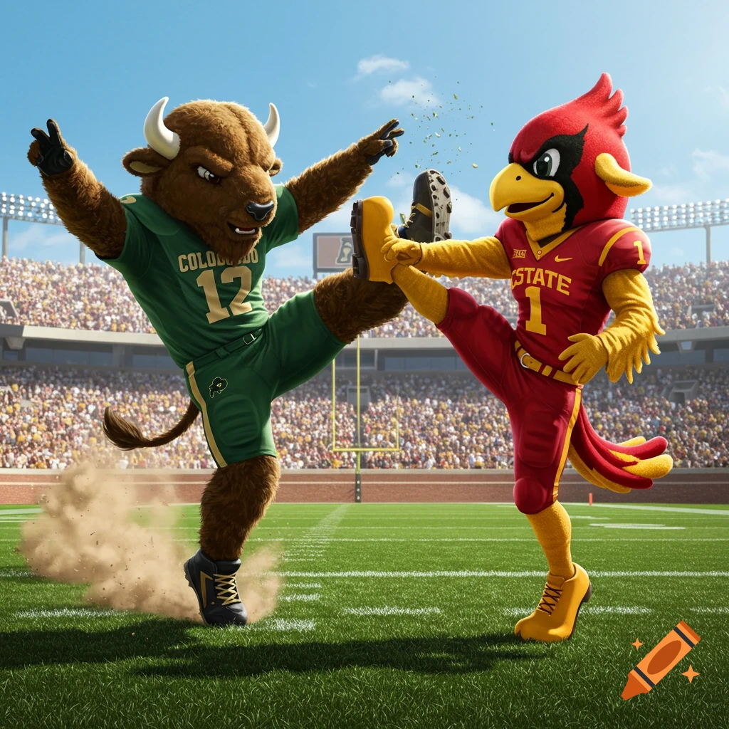 A brown buffalo mascot in a green uniform kicks a red cardinal mascot in a red uniform on a sunny football field with a crowd.