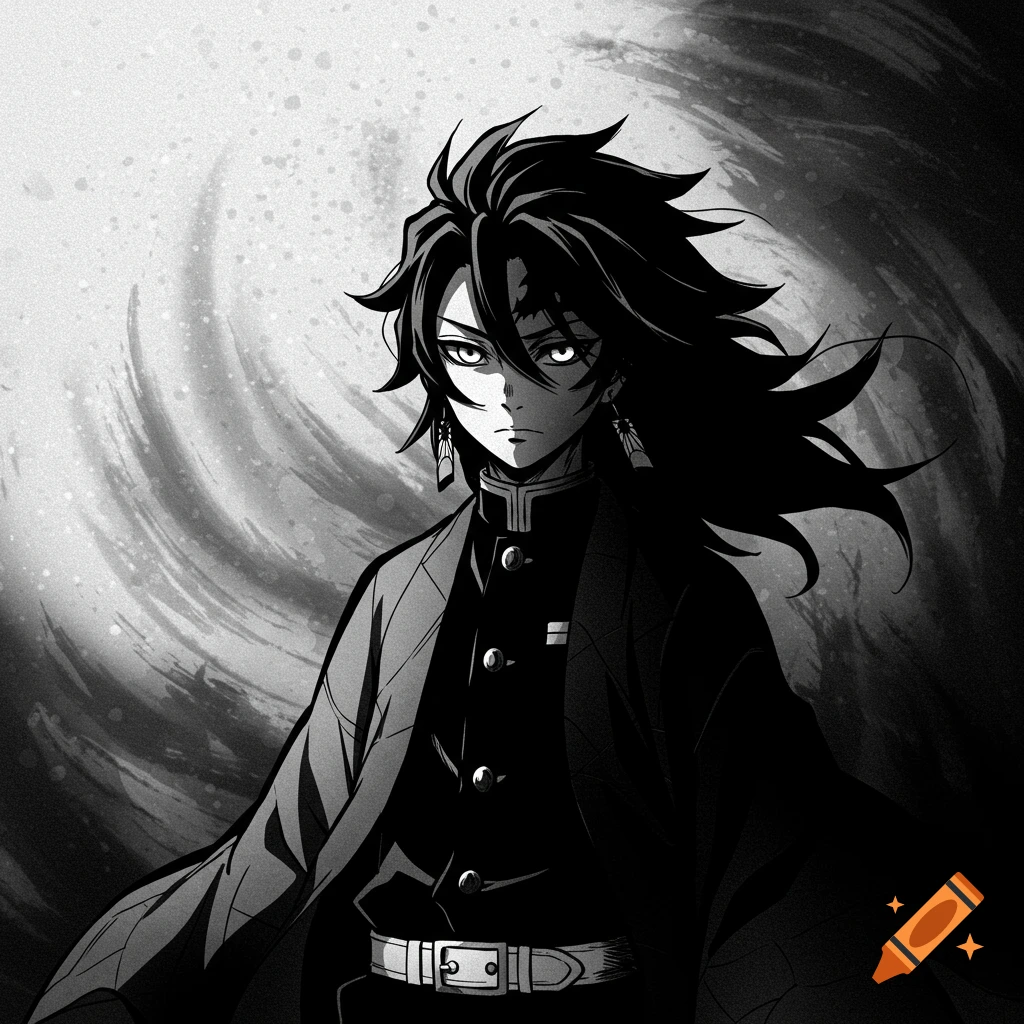 Monochrome anime character with spiky dark hair and glowing white eyes, wearing a uniform over a dark kimono, against a swirling textured background.