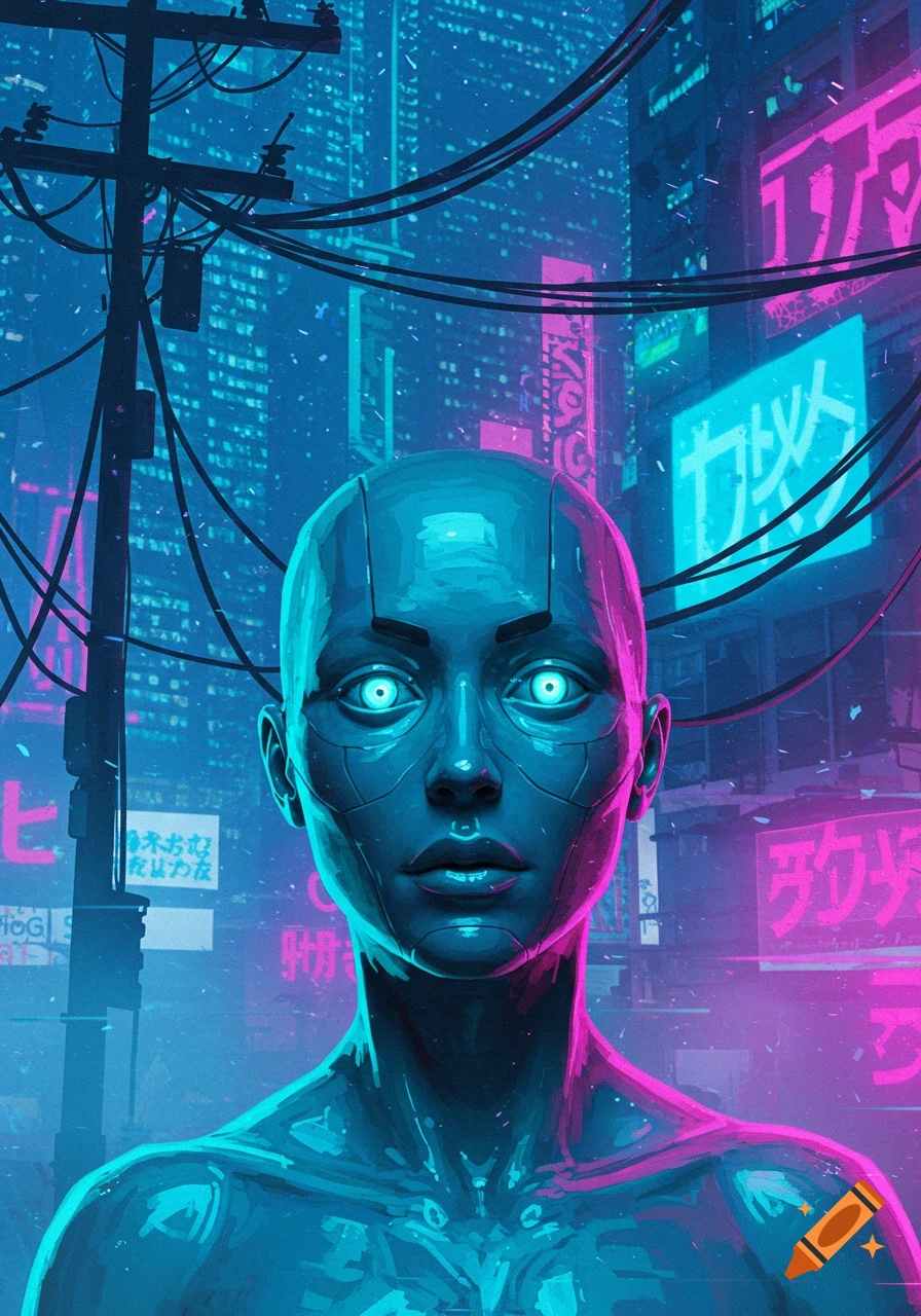 Close-up of a blue-skinned humanoid robot with glowing eyes in a neon-lit cyberpunk city, vibrant with pink and blue.