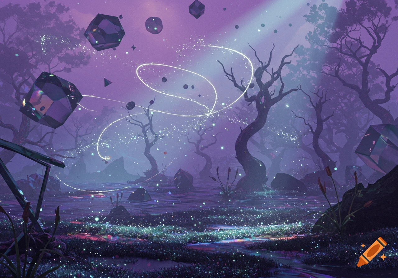 An ethereal fantasy forest with twisted trees, glowing purple water and plants, sparkling light trails, and floating geometric crystals.