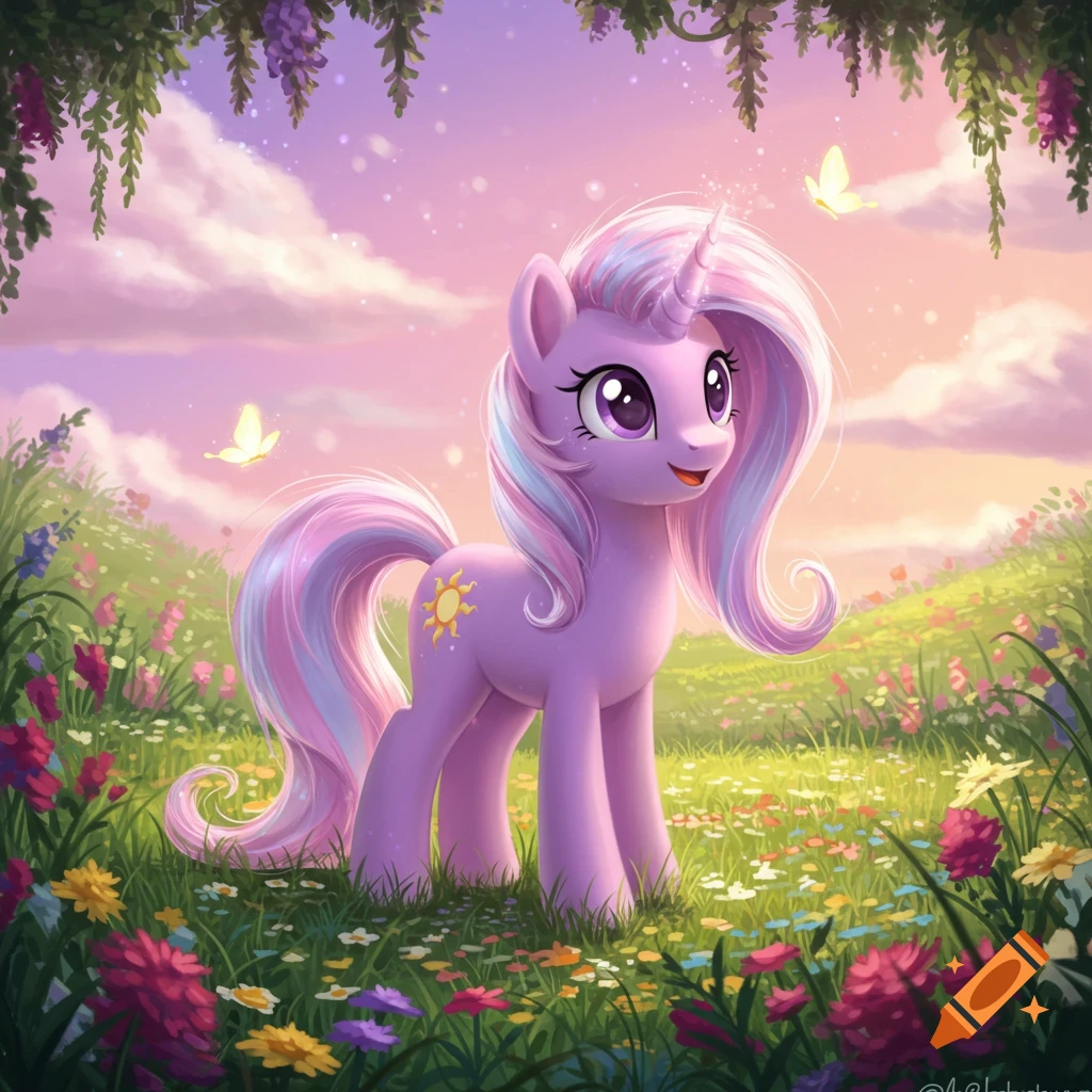 A cute purple unicorn with a sun cutie mark and colorful mane stands in a vibrant meadow of wildflowers under a pastel sky.