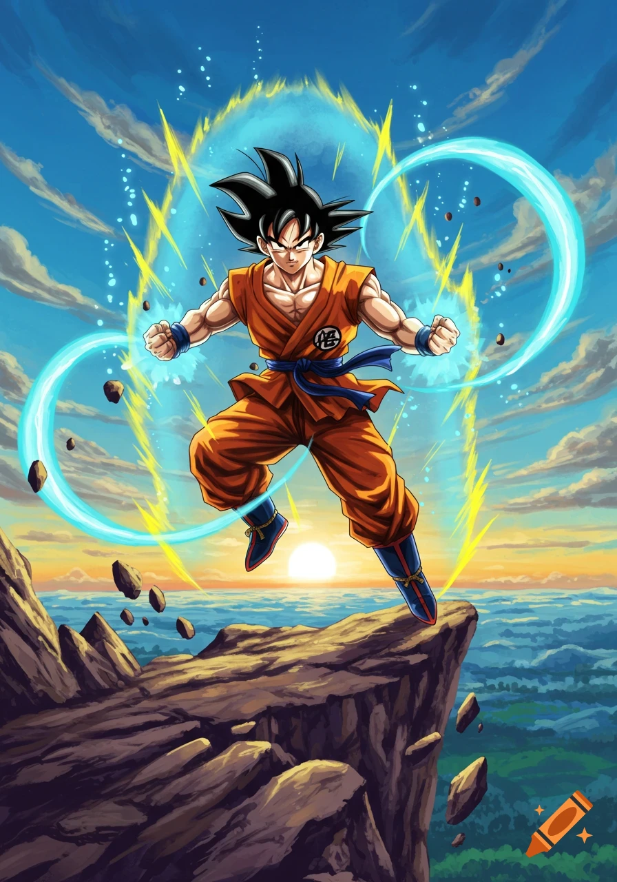 Goku from Dragon Ball Z powers up on a cliff overlooking a sunset, with energy glowing around him in a dynamic anime style.