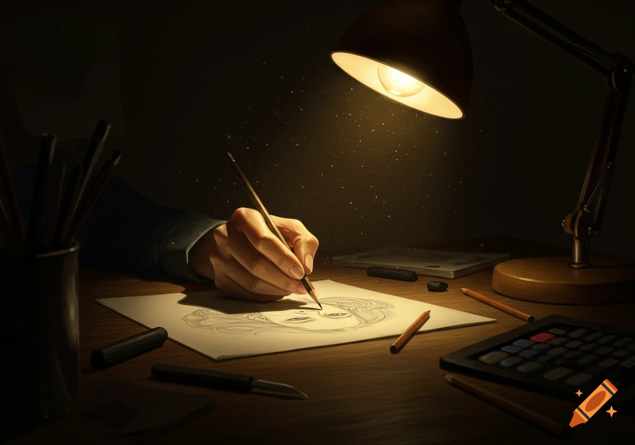 Close-up of a hand sketching a face with a pencil on paper under the warm glow of a desk lamp.