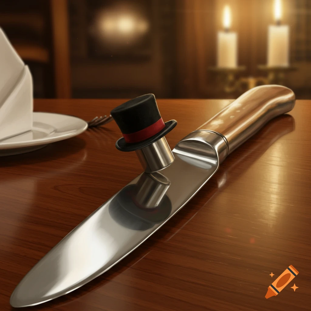 A large, shiny knife with a tiny black tophat perched on its blade, resting on a polished wooden table in a dimly lit room with candles.
