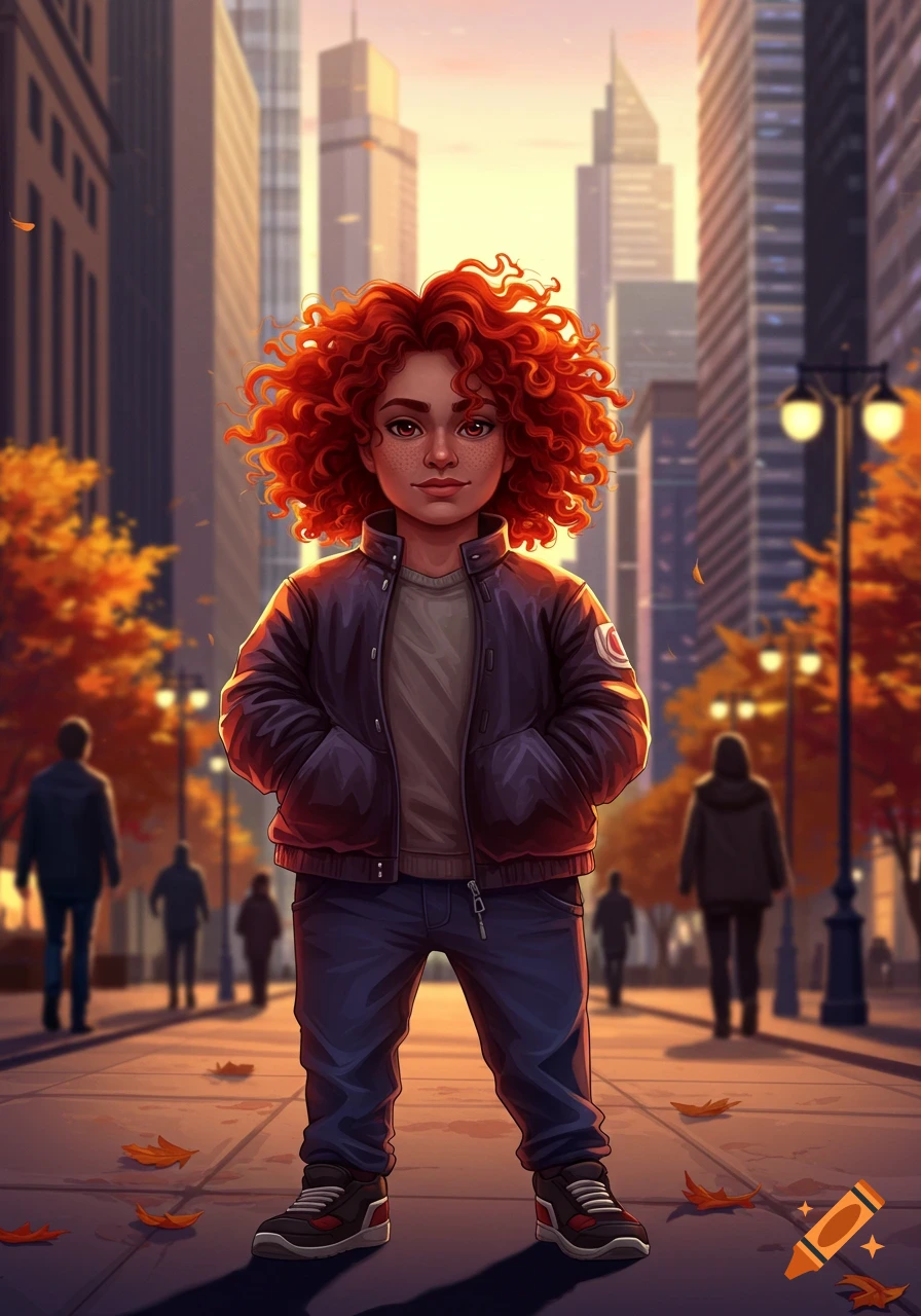 Vibrant illustration of a short person with fiery red curly hair standing on an autumn city street with tall buildings at sunset.