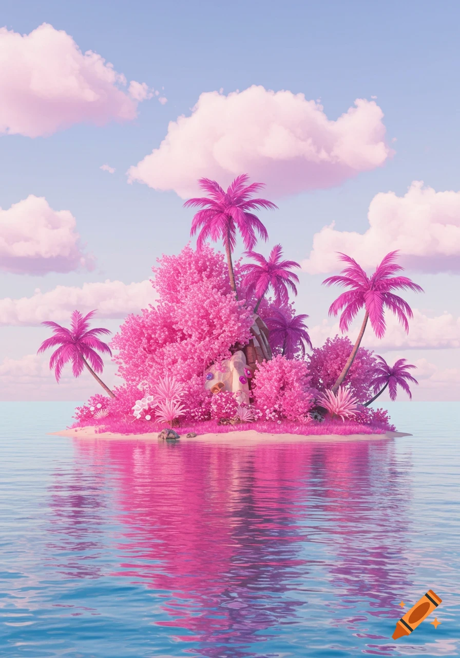 A vibrant pink island with palm trees and lush foliage reflects in the blue water under a sky with pink clouds.
