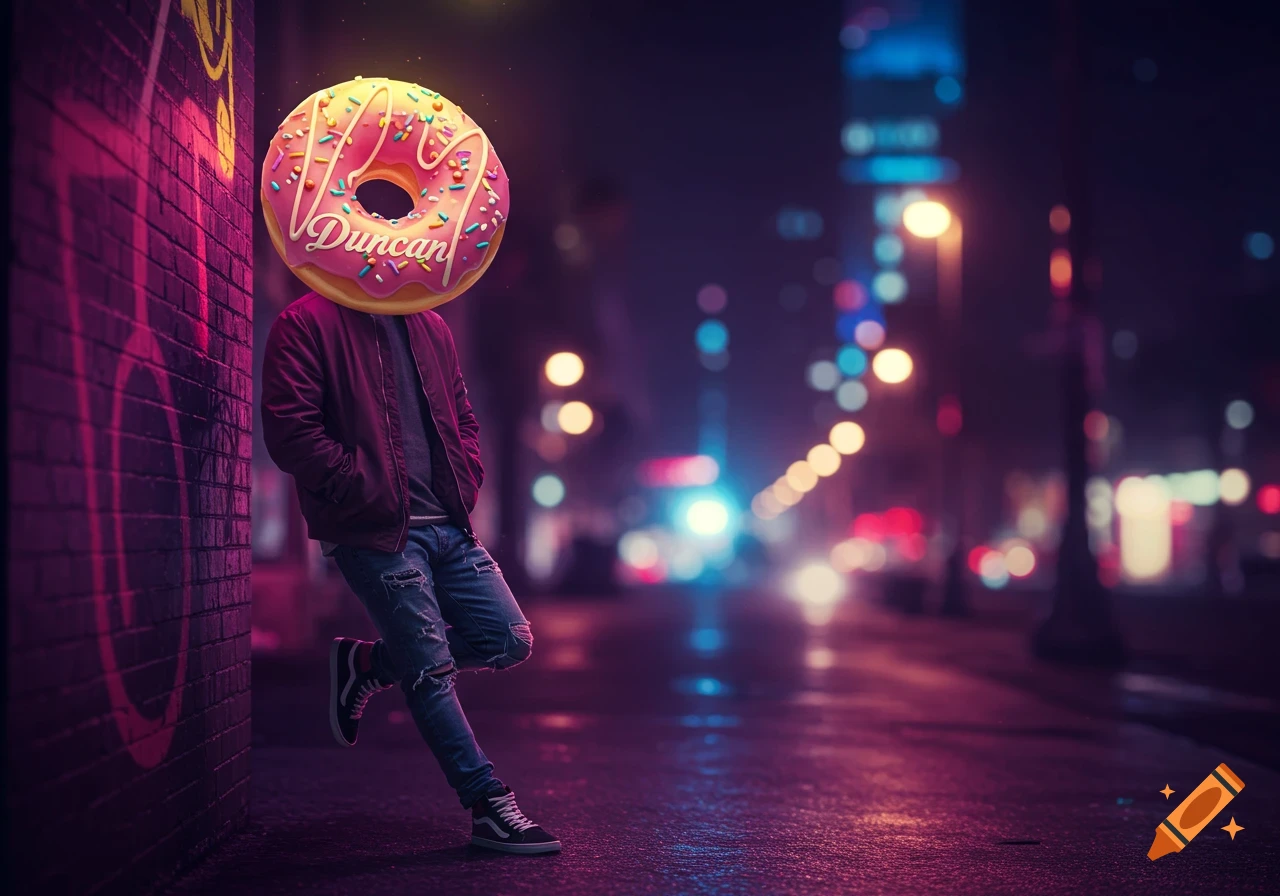 A person with a pink donut for a head leans on a graffiti wall in a neon-lit city street at night.