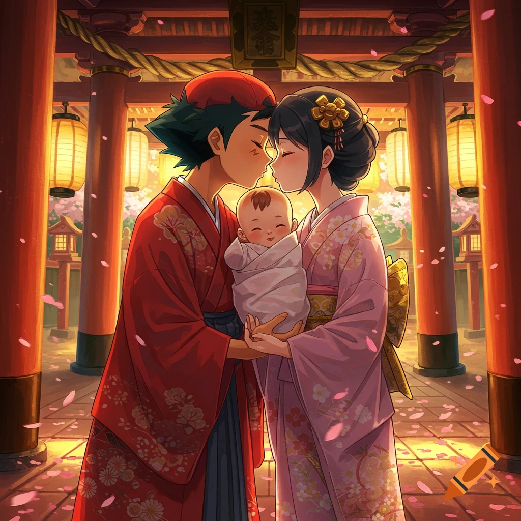 Anime Ash Ketchum and a woman in kimonos gently touch foreheads, holding a baby at a Japanese temple gate with lanterns and cherry blossoms.