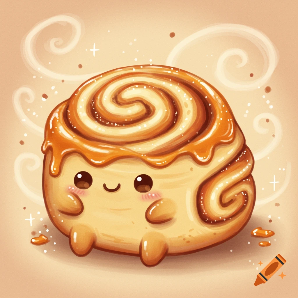 A cute, smiling, anthropomorphic cinnamon roll with icing and sprinkles on a warm brown background with decorative swirls.