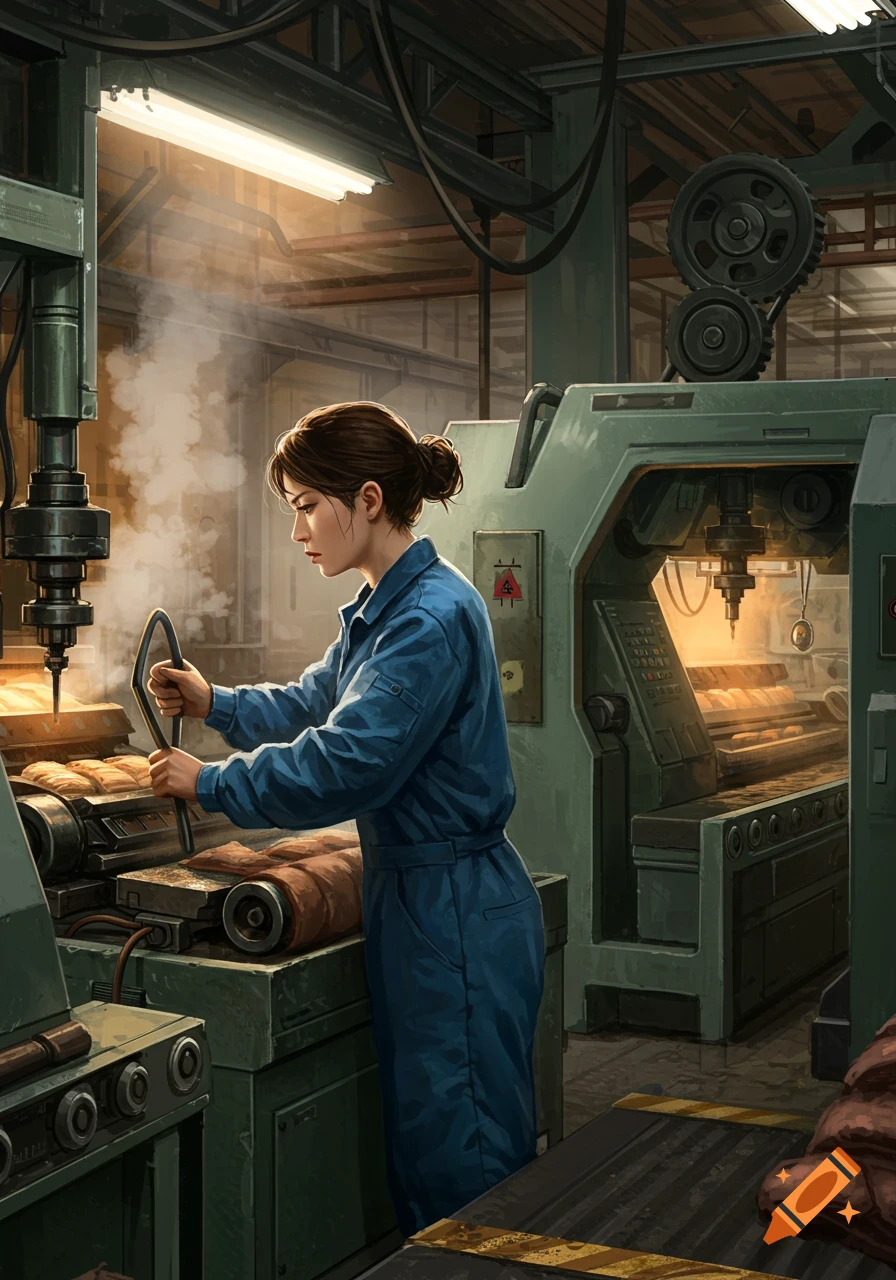 A woman in a blue jumpsuit operates machinery in a factory, depicted in a detailed, illustrative style.