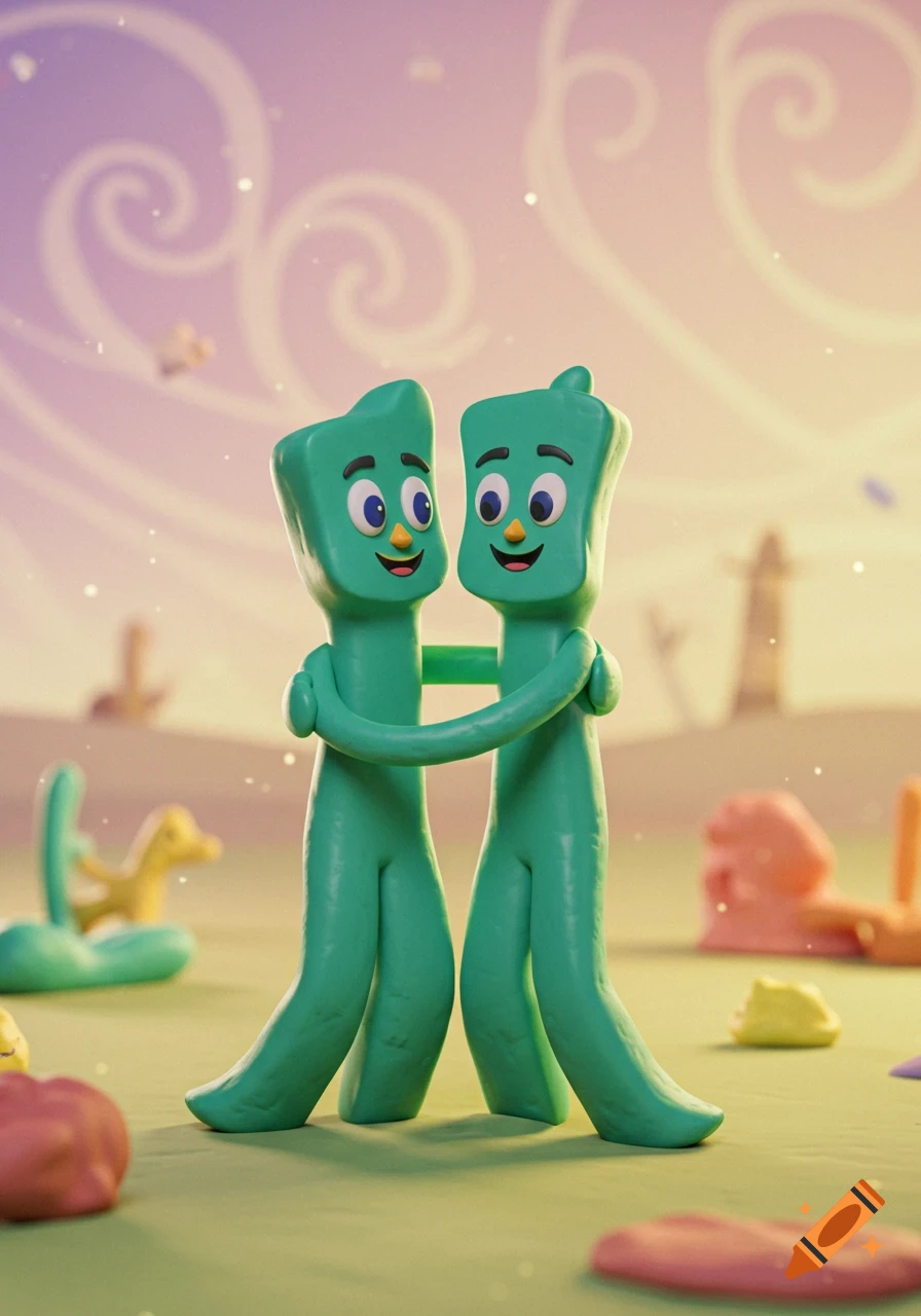Two green claymation Gumby figures with smiling faces embracing on a whimsical, colorful landscape.