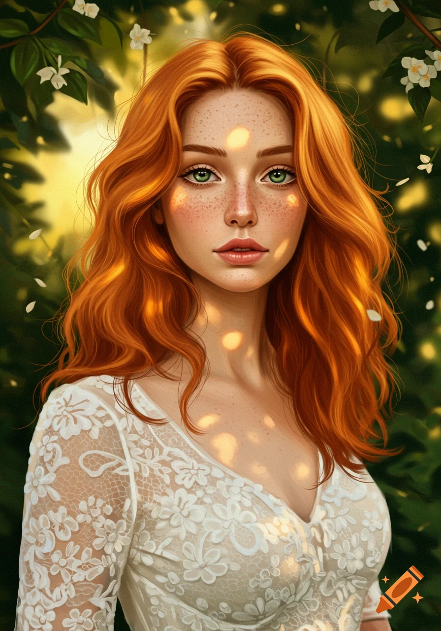 A beautiful woman with long red hair, freckles, and green eyes, wearing a white lace dress in a sunlit fantasy forest.
