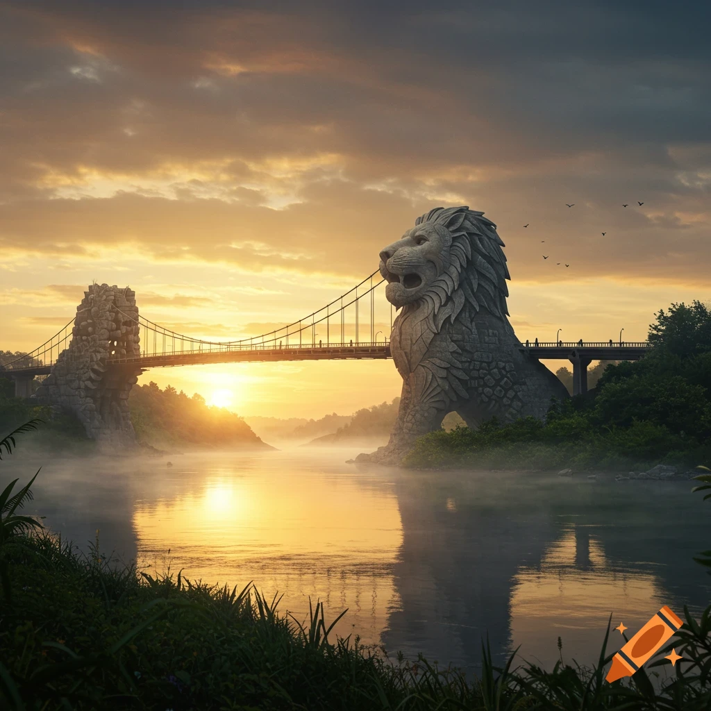 A majestic stone lion statue and a rocky formation support a suspension bridge over a misty river at sunrise/sunset.