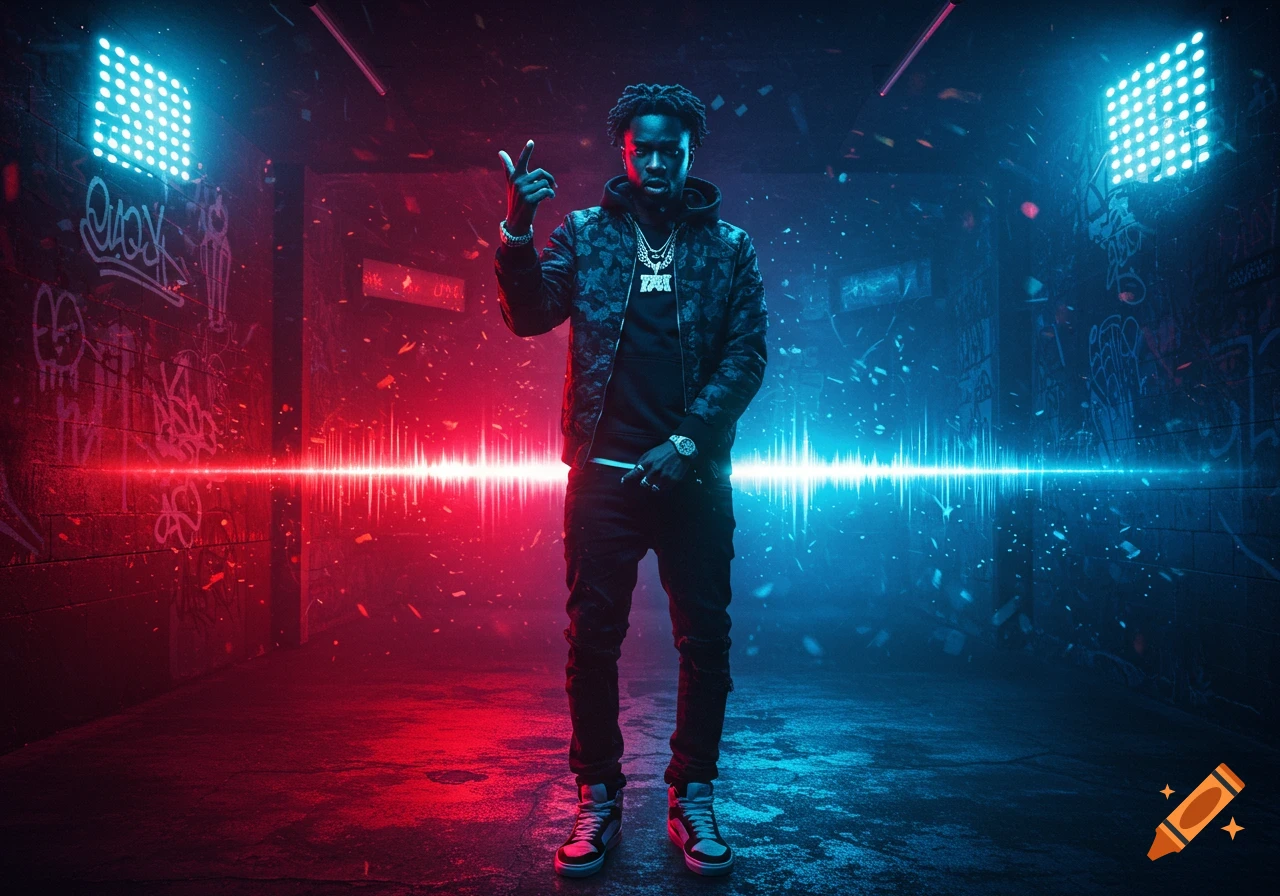 A man in a bomber jacket and chains poses in a dark, graffiti-covered alley illuminated by red and blue neon lights and sound wave effects.