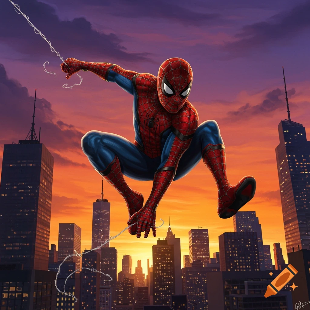 Spider-Man in a classic suit leaps above a city skyline at sunset, casting a web, in a comic art style.