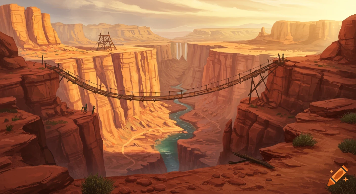 A stylized painting of a vast red sandstone canyon with a winding river, a rope bridge, and a mining derrick at sunset.