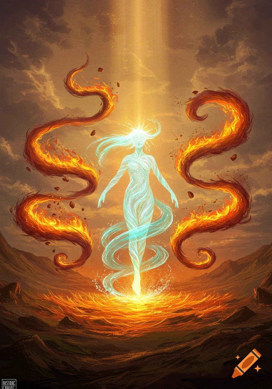 Ethereal figure of light and water on fiery ground with swirling fire, illuminated by a celestial beam under a dramatic sky. Fantasy art.