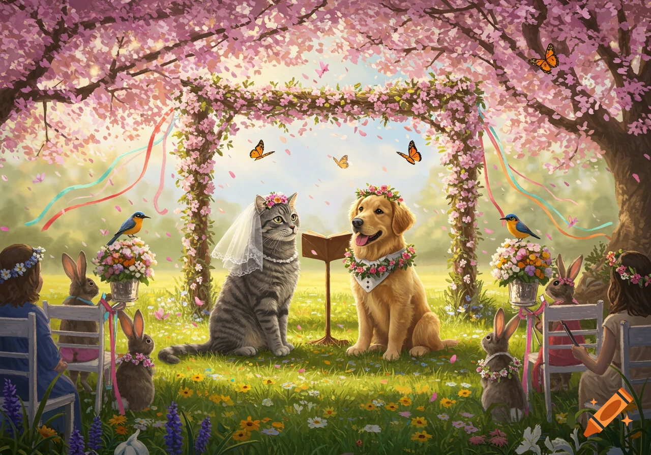A cat in a wedding veil and a golden retriever in a floral collar at an outdoor wedding ceremony under cherry blossoms, with bunnies and birds as guests.