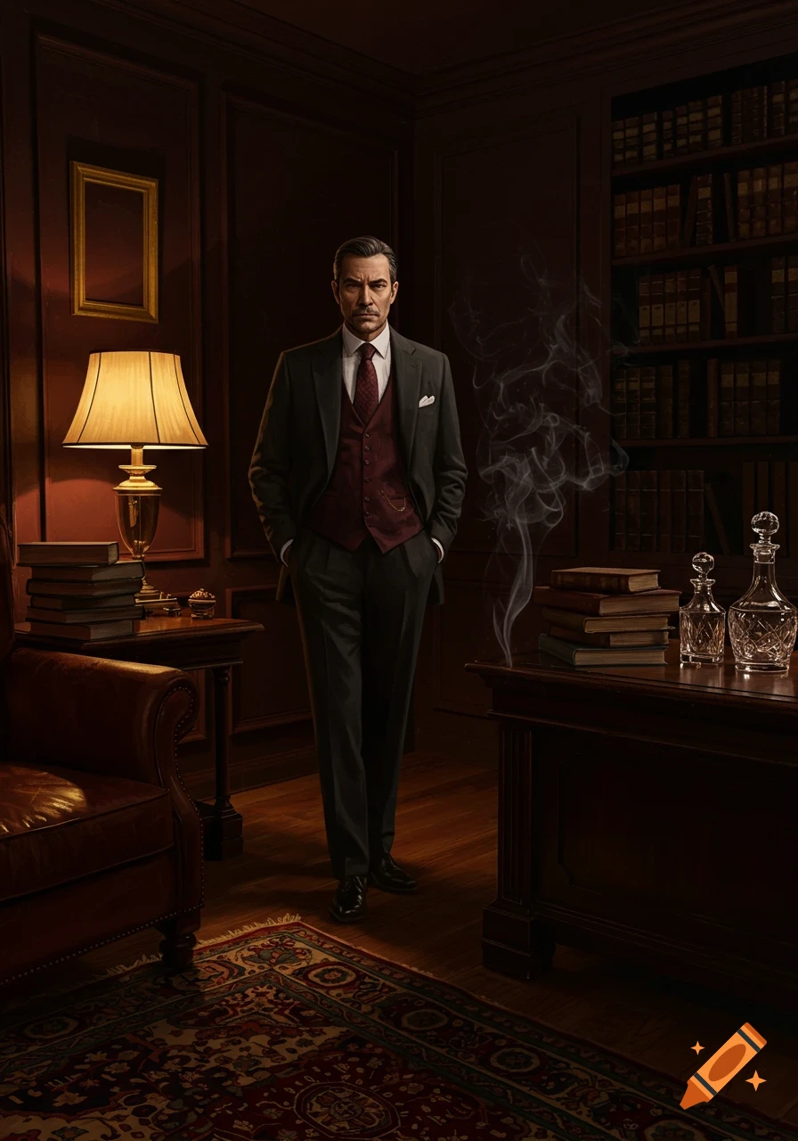 A serious man in a dark suit and vest stands in a dim, luxurious study with a desk, books, and ornate rug, looking directly at the viewer.
