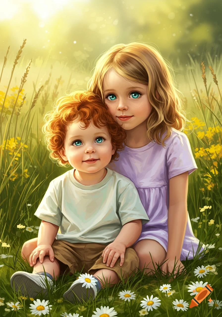 An illustrative portrait of a baby boy with auburn hair and a blonde girl with blue-green eyes, sitting in a sunny field with daisies.
