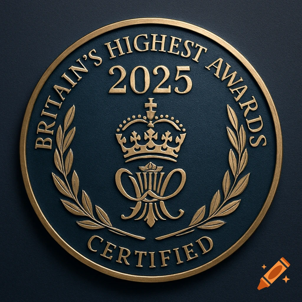 A circular gold embossed medal with a dark blue center, featuring a crown, laurel wreath, and the text 'BRITAIN'S HIGHEST AWARDS 2025 CERTIFIED'.