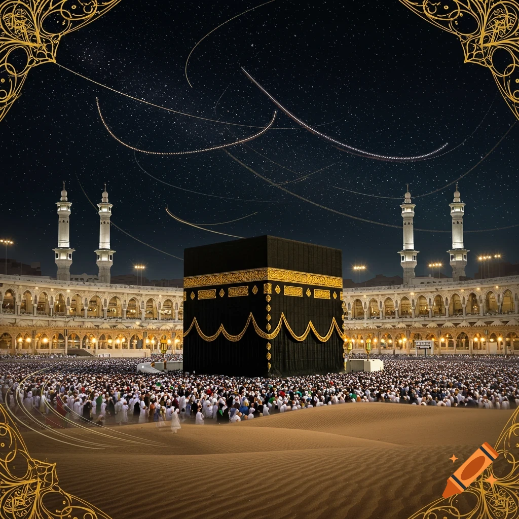 Digital art of the Kaaba in Mecca at night, surrounded by pilgrims and desert dunes, under a starry sky with golden decorative borders.