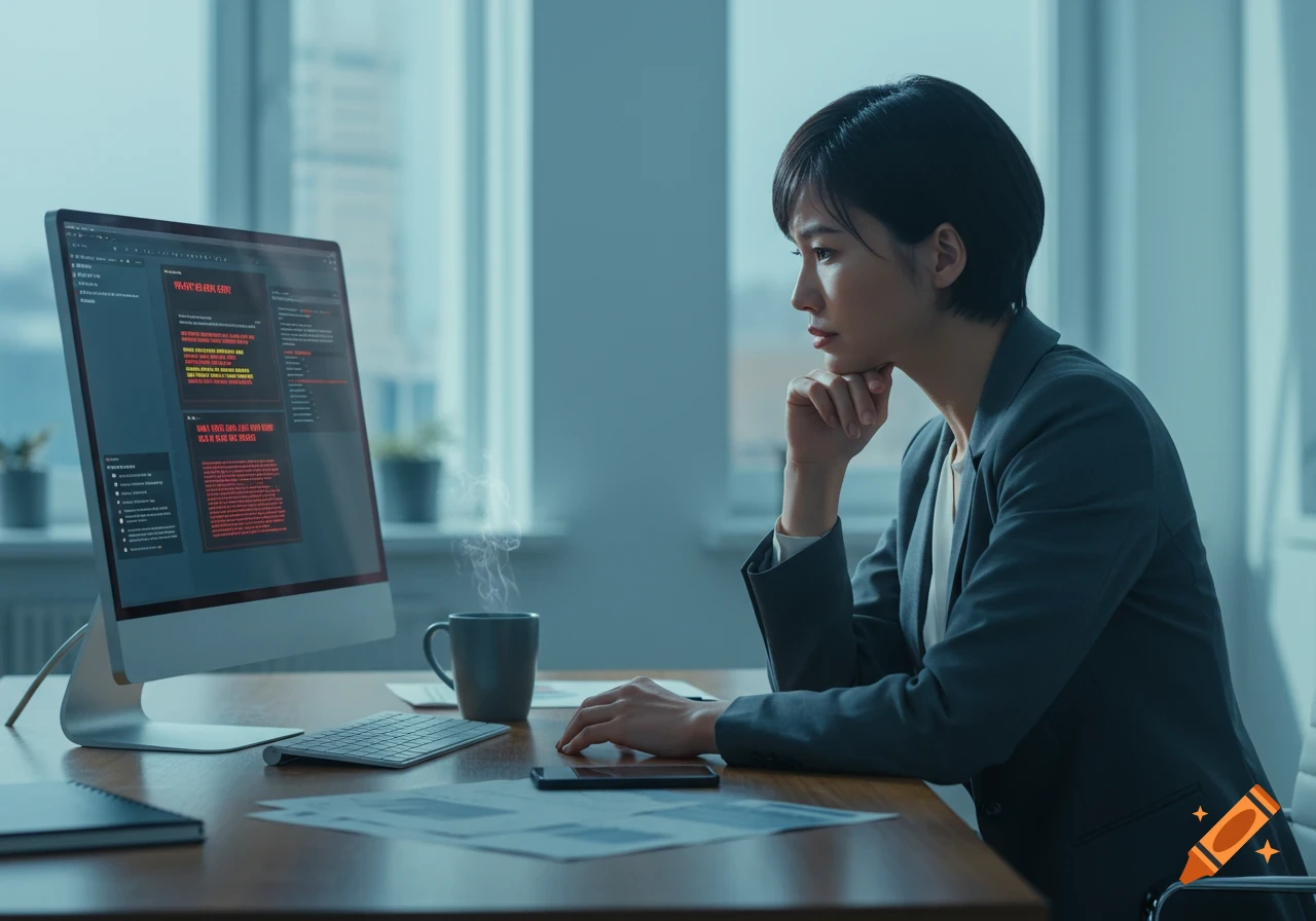 A serious-looking woman in a suit sitting at a desk, looking intently at a computer screen displaying code.