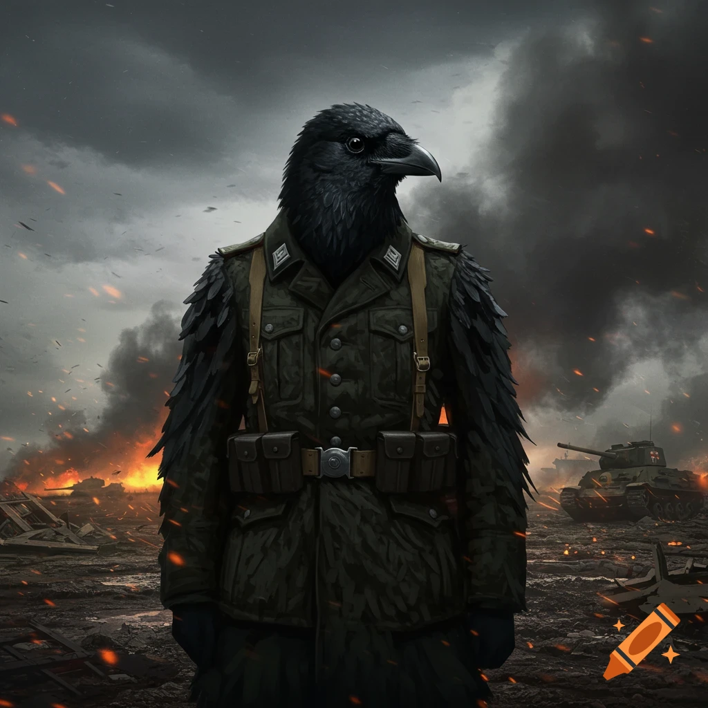 A dark crow-headed soldier in a World War II-era military uniform stands amidst a smoky, burning battlefield with tanks.