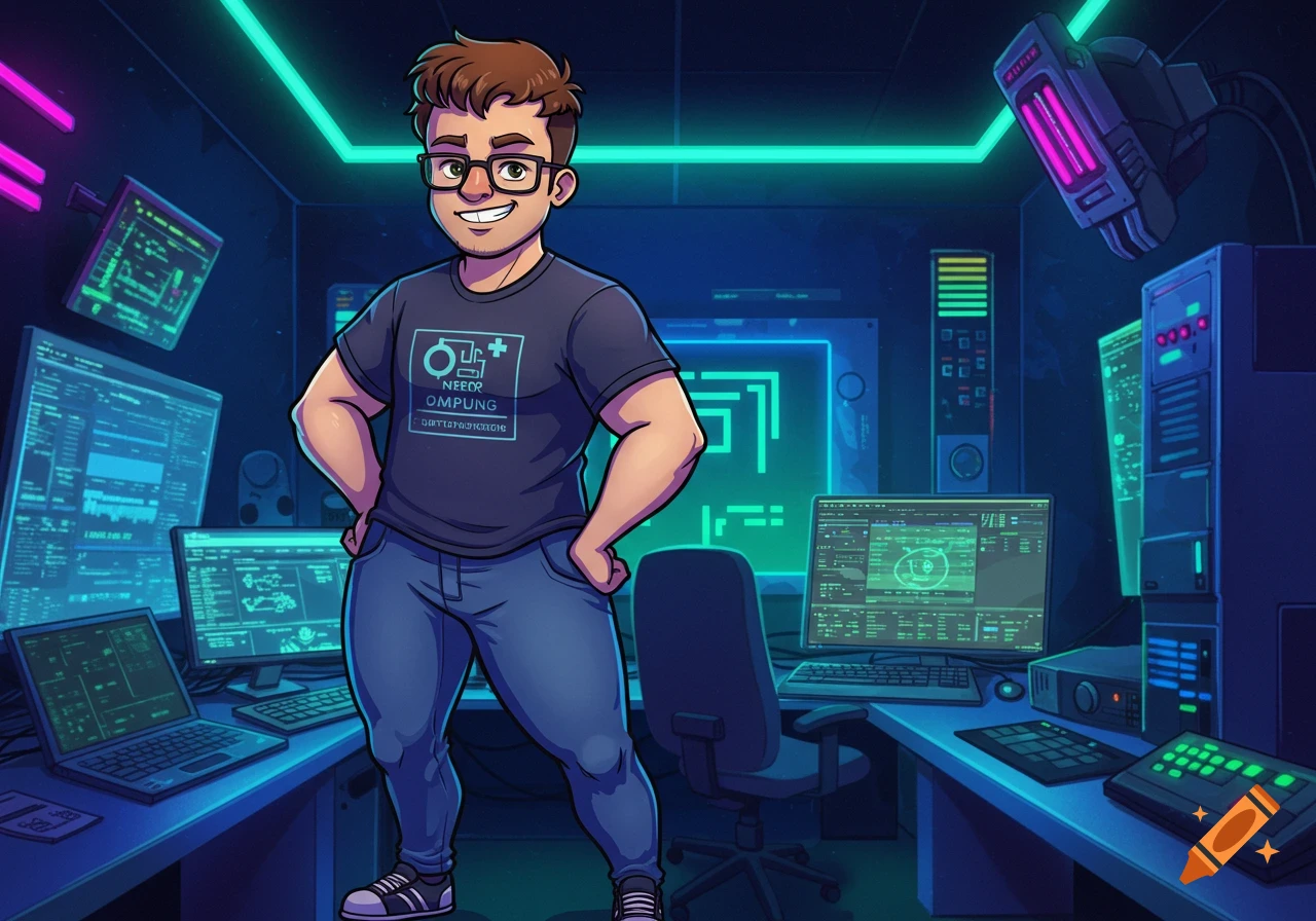 Anime-style cartoon man in glasses and a dark t-shirt standing in a neon-lit computer room with multiple screens.