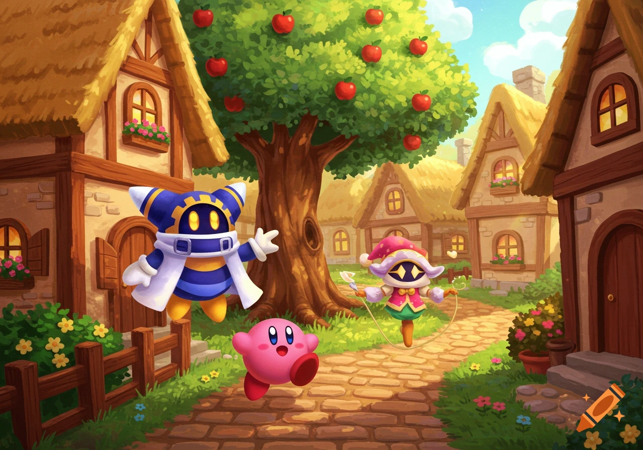 Magolor, Taranza, and Kirby explore a charming, old-timey village with thatched-roof houses and a large apple tree.