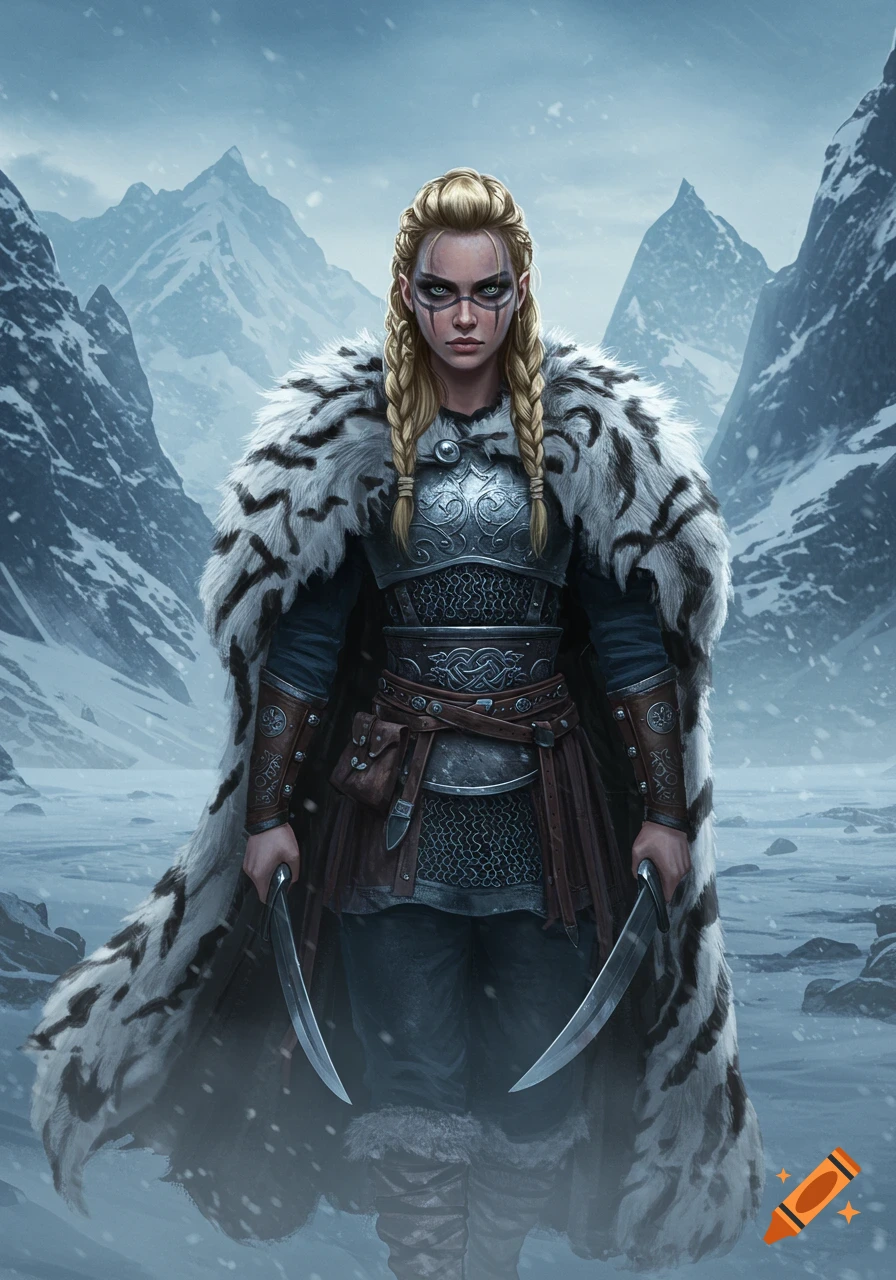 A fierce Viking warrior woman with blonde braids, face paint, armor, and a white tiger fur cloak holds two blades in a snowy Nordic mountain landscape.